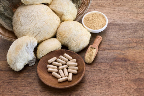 Lion's mane mushroom capsules and powder alongside fresh Hericium erinaceus mushrooms used for memory and brain function support